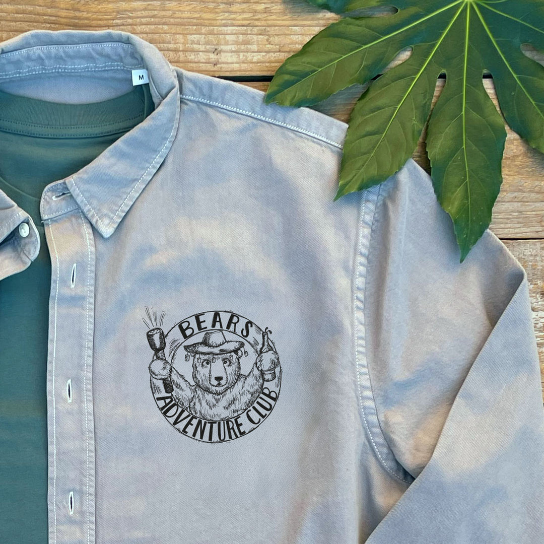 grey shirt with pocket print of bears adventure club design