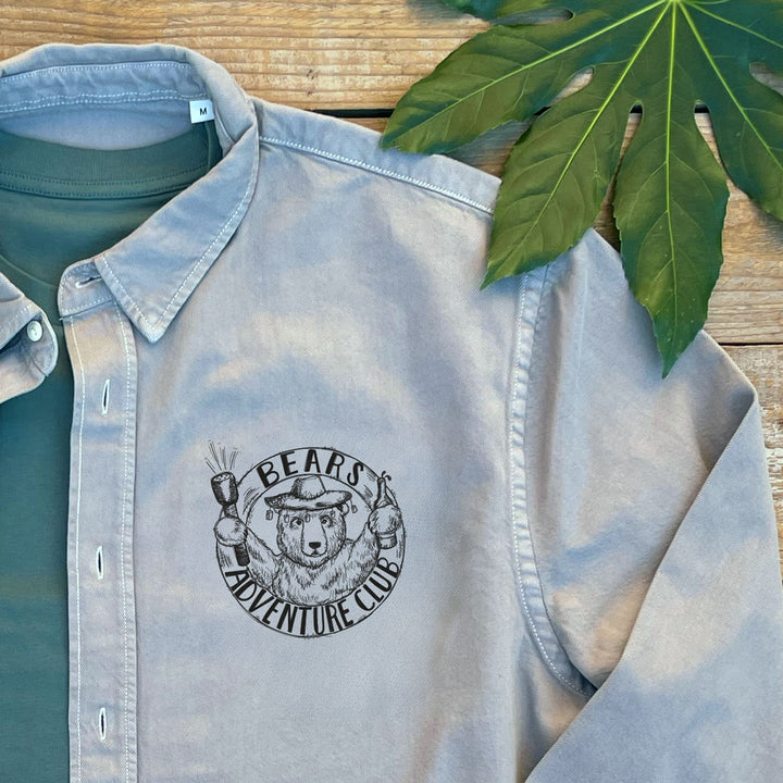 grey shirt with pocket print of bears adventure club design