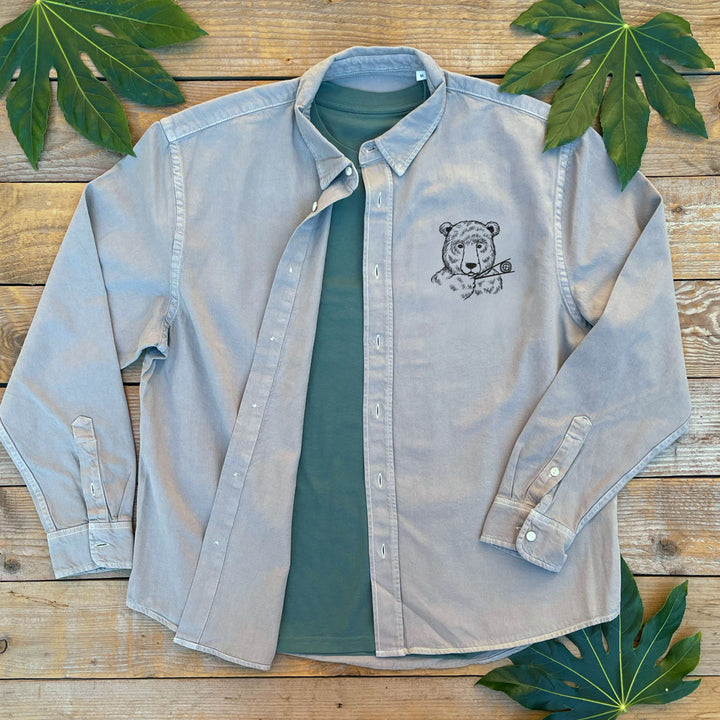 grey shirt with bear and chopsticks design on pocket