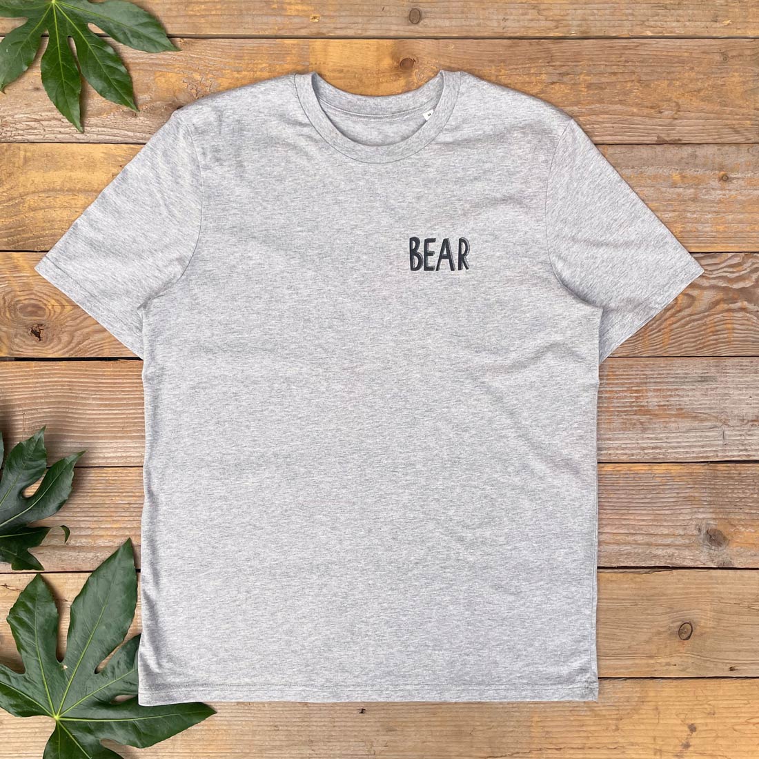 mens grey tee with bear text