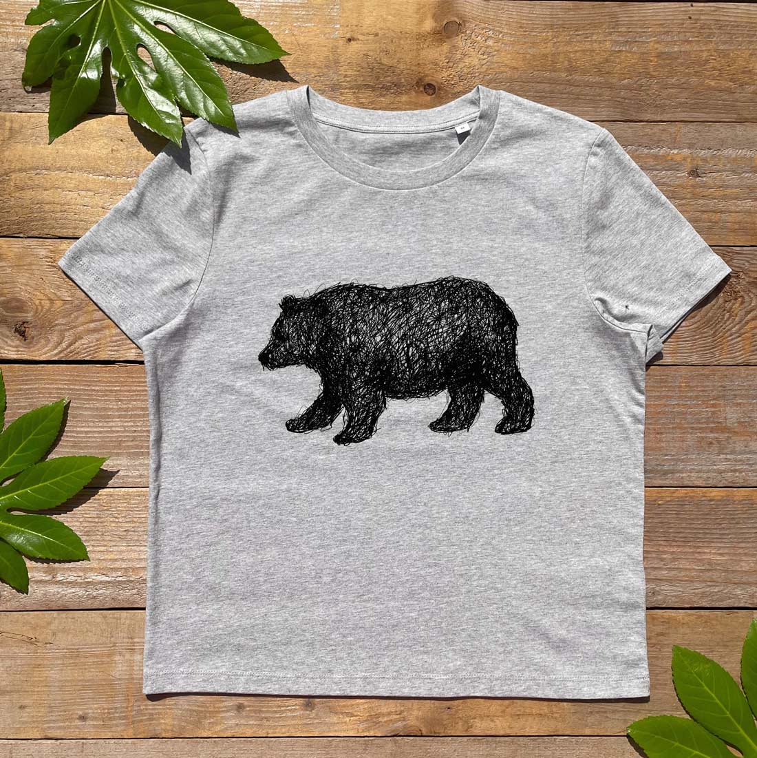 grey tee with bear walking 