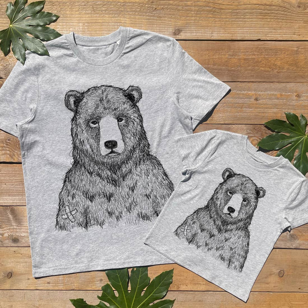 father and child tshirt set with grizzily bear print