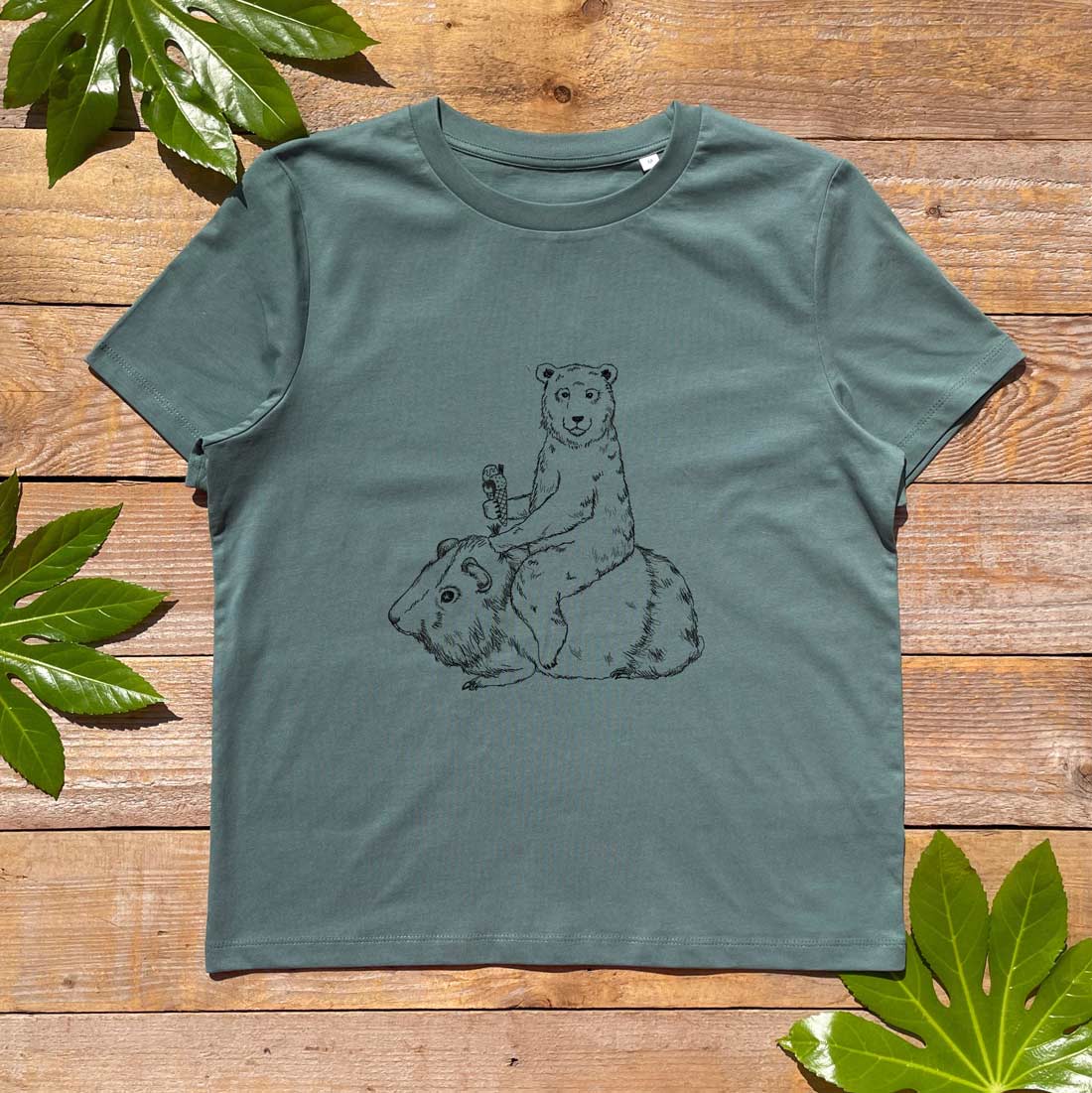 womens tshirt with a bear riding a guinea pig eating an ice cream