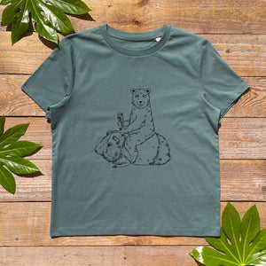 womens tshirt with a bear riding a guinea pig eating an ice cream