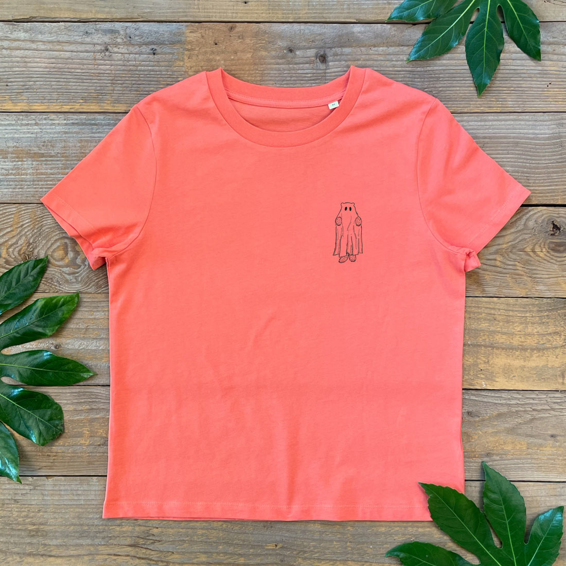 orange womens tee with ghost bear