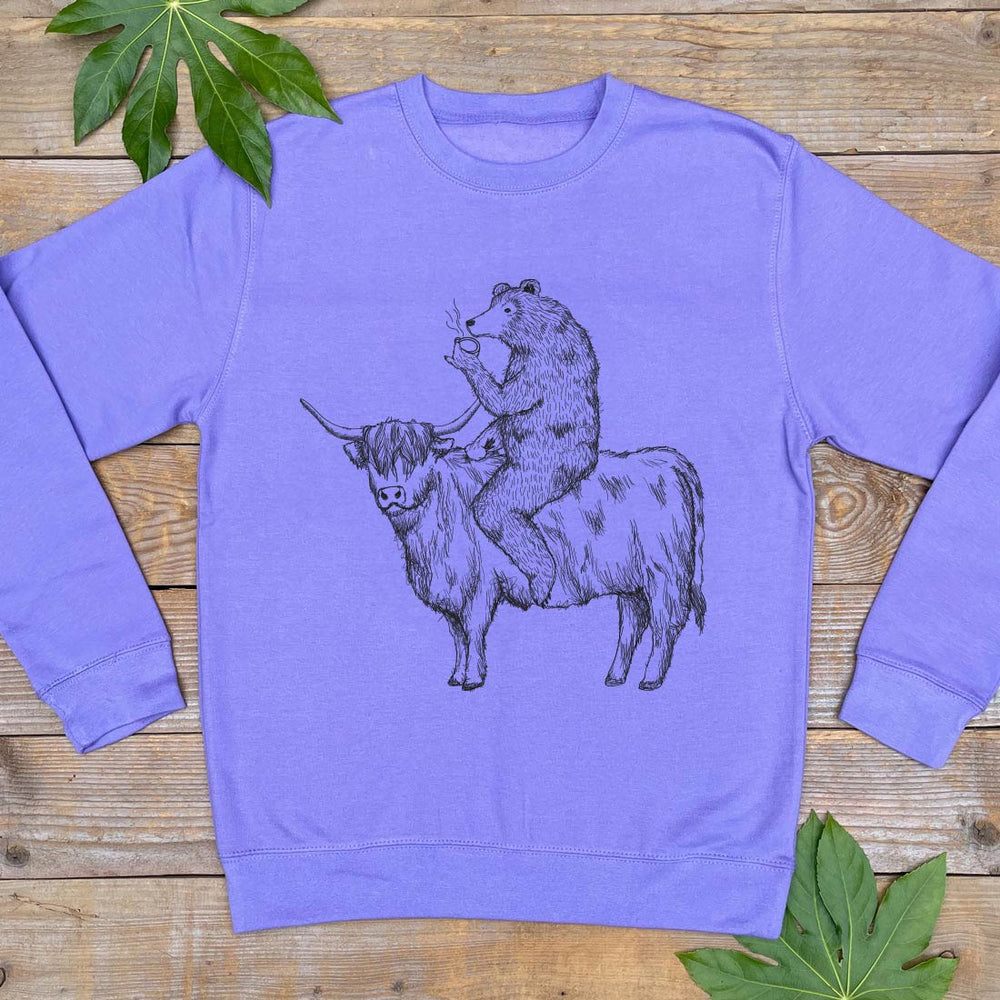 bear and highland cow purple jumper