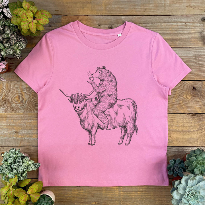 bear riding highland cow womens pink tee