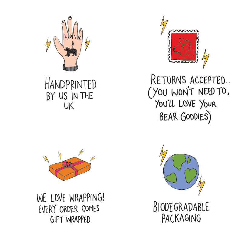 Badges showing hand printed by us, returns accepted, Wrapping as standard and Biodegradable packaging