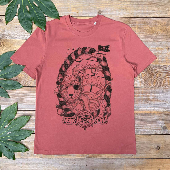 brown tee with pirate bear design