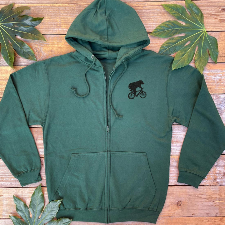 DARK GREEN HOODIE WITH BEAR AND BIKE