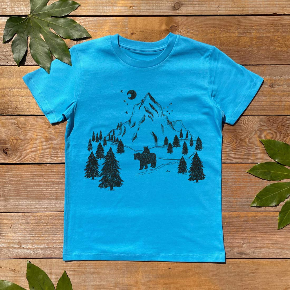 bear in the mountains kids blue tee
