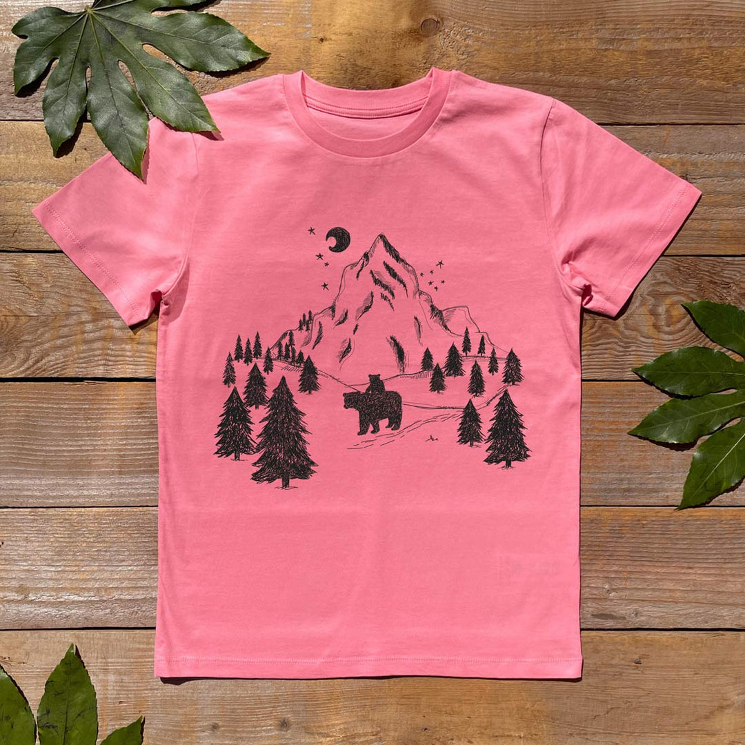 pink kids tee with bears and mountain print