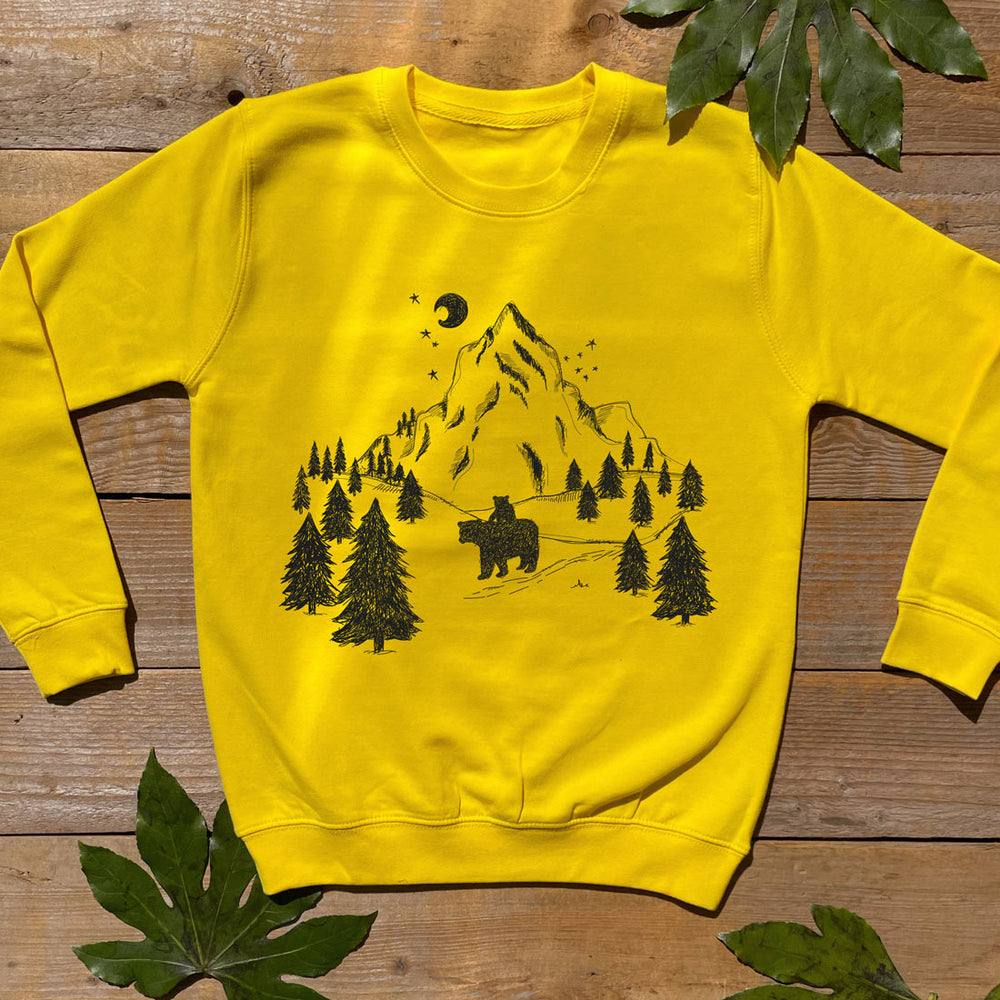 kids yellow jumper with bear and mountain print