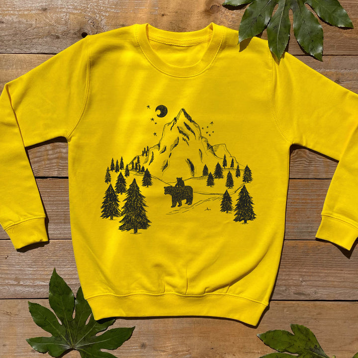 kids yellow jumper with bear and mountain print