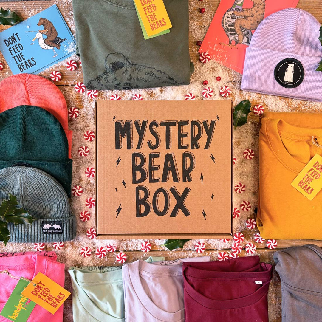 A styled flat-lay of a cardboard box labeled 'MYSTERY BEAR BOX' surrounded by assorted cozy items including beanie hats, T-shirts, and tags reading 'DON'T FEED THE BEARS' on a holiday-themed background with candy canes.