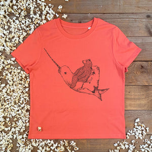 bear, dinosaur and narhwal womens orange tee