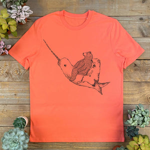 bear and dinosaur riding a narwhal tshirt