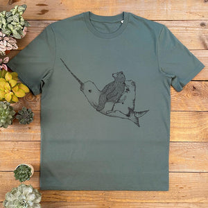 narwhal, bear and dino khaki tshirt