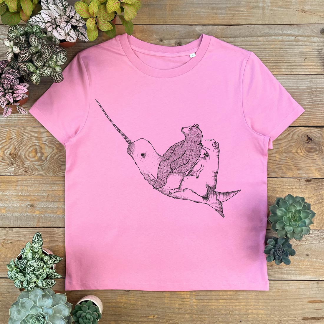 bear and dinosaur riding a narwhal, womens pink tee