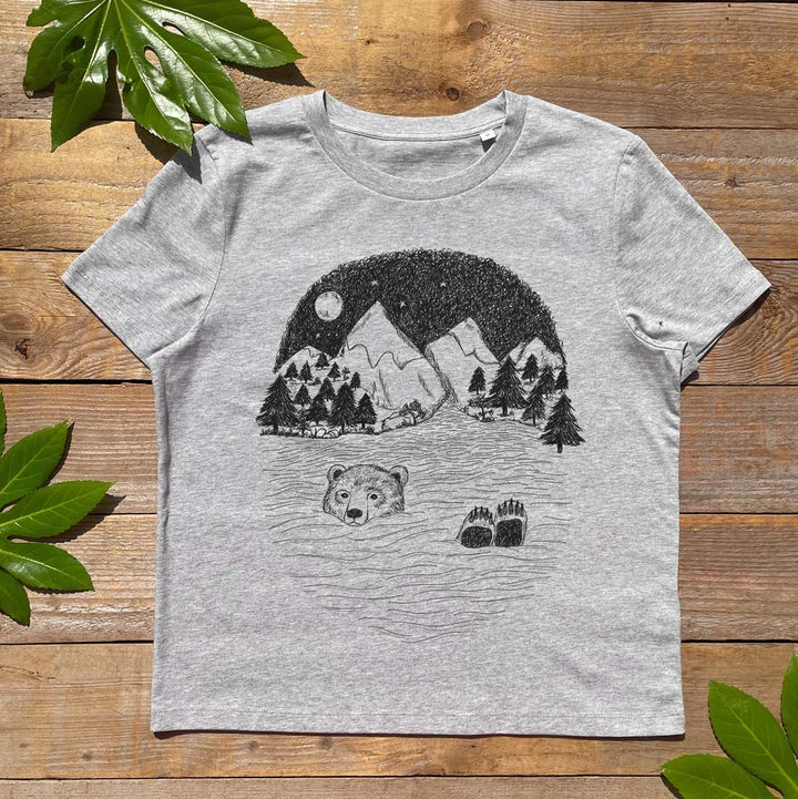 bear swimming in mountains grey tee