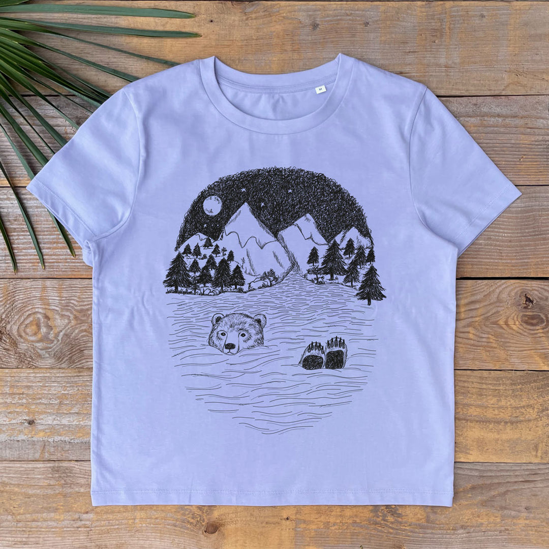 lilac tee with bear swimming design