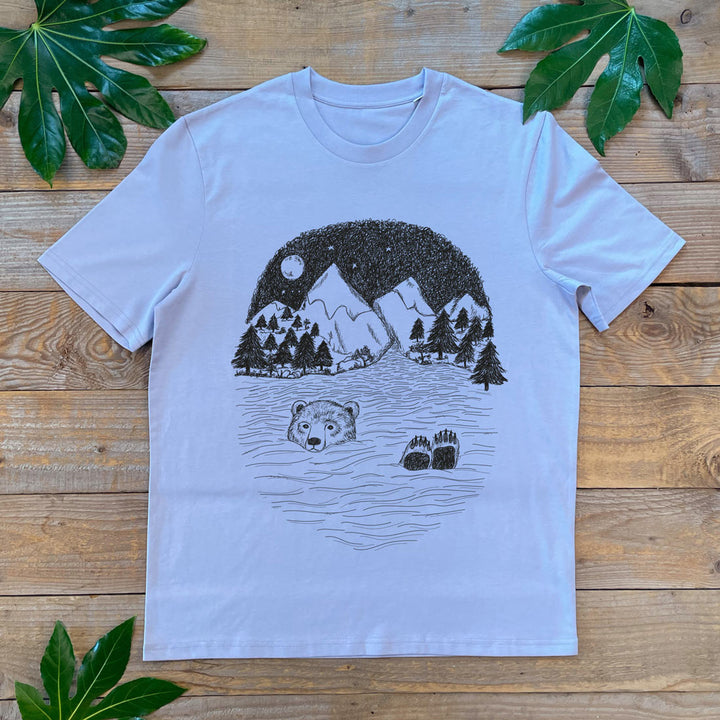 tshirt with mountain scene and bear swimming