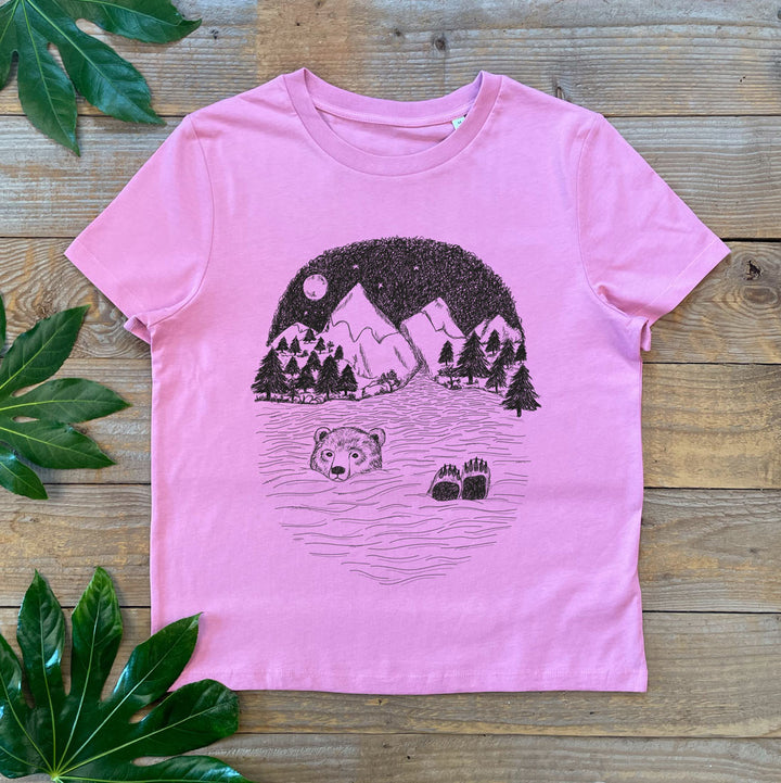 bear and mountains pink tee