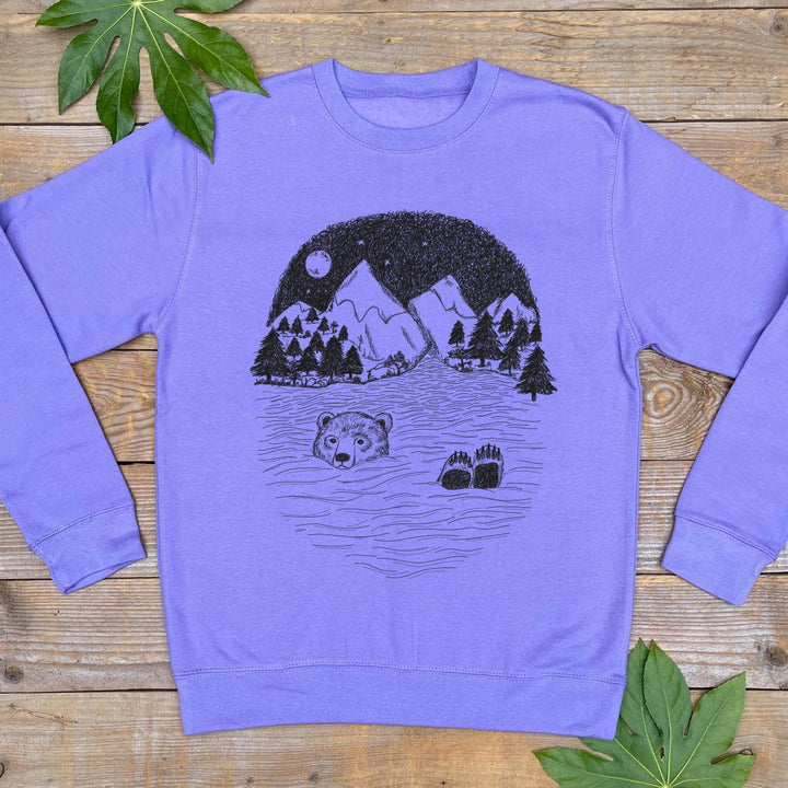 bear swimming purple jumper