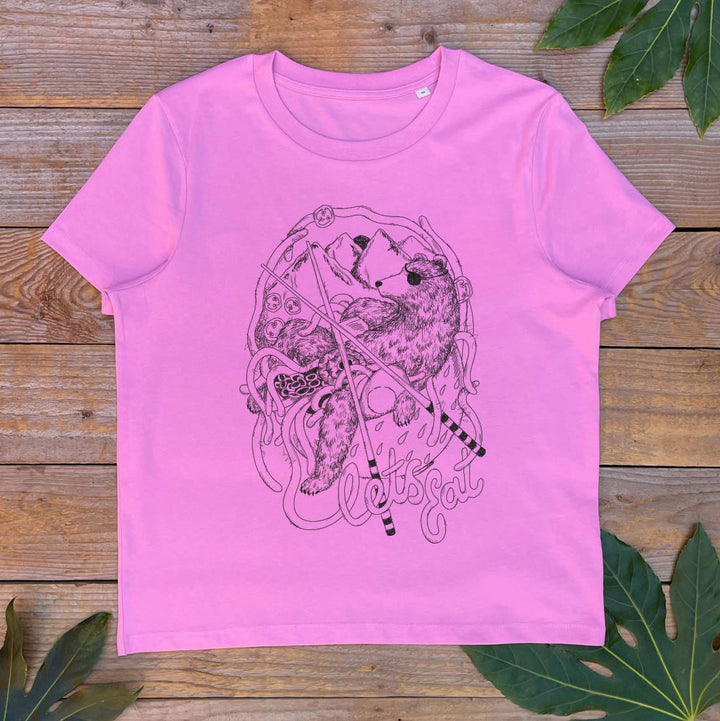 pink tee with bear and noodles design