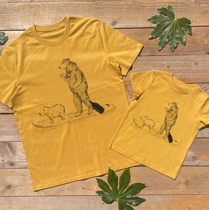 father and child paddle board and bear tee set