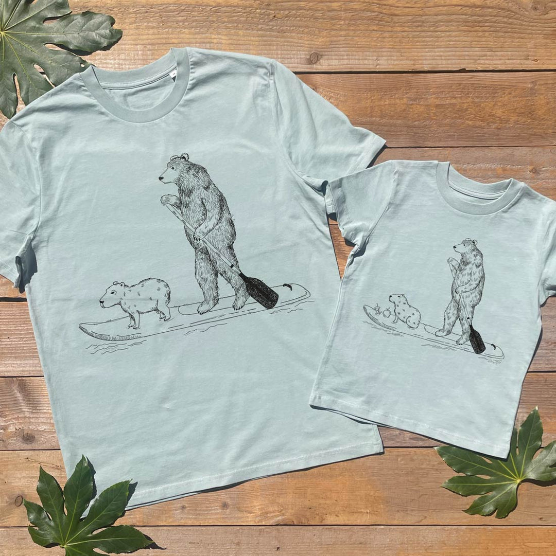 parent and childs tshirt set with bears on paddle boards design