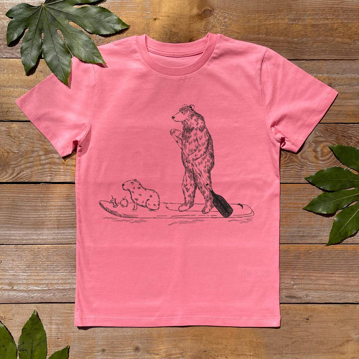 pink kids tee with bear and paddle board design