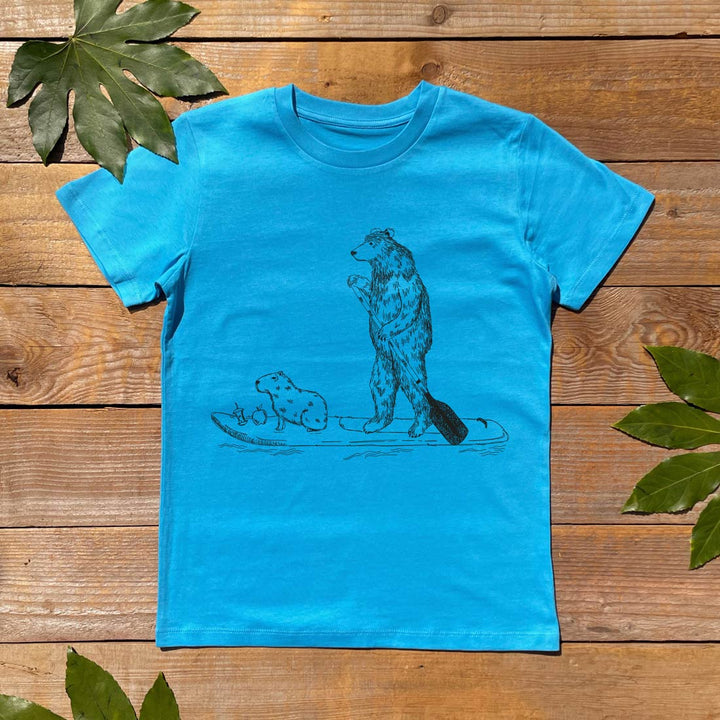 kids blue tshirt with bear and capybara print