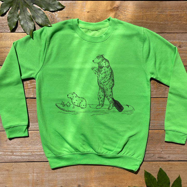 green jumper with bear and capybara design