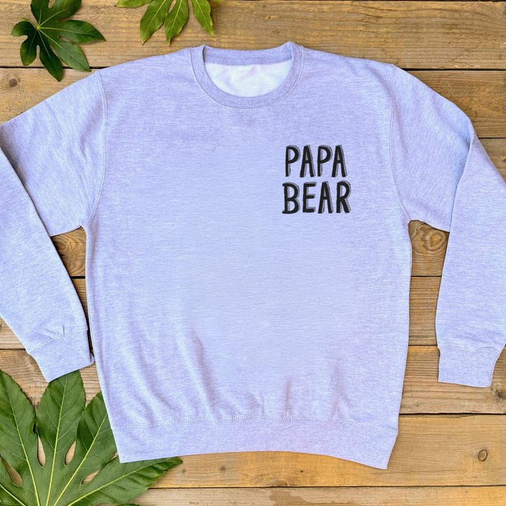grey mens jumper with papa bear text 