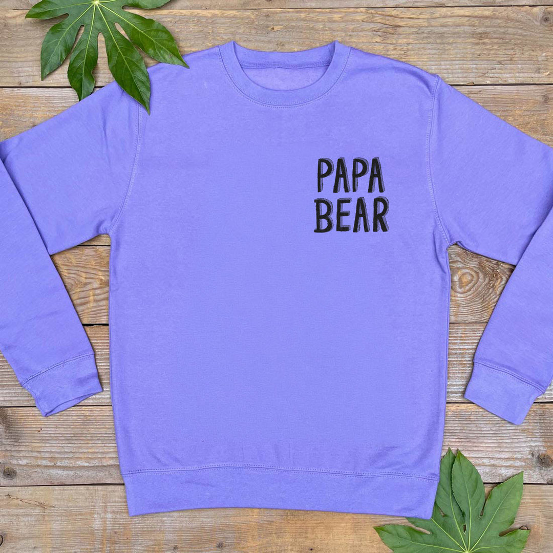 purple mens jumper with papa bear text