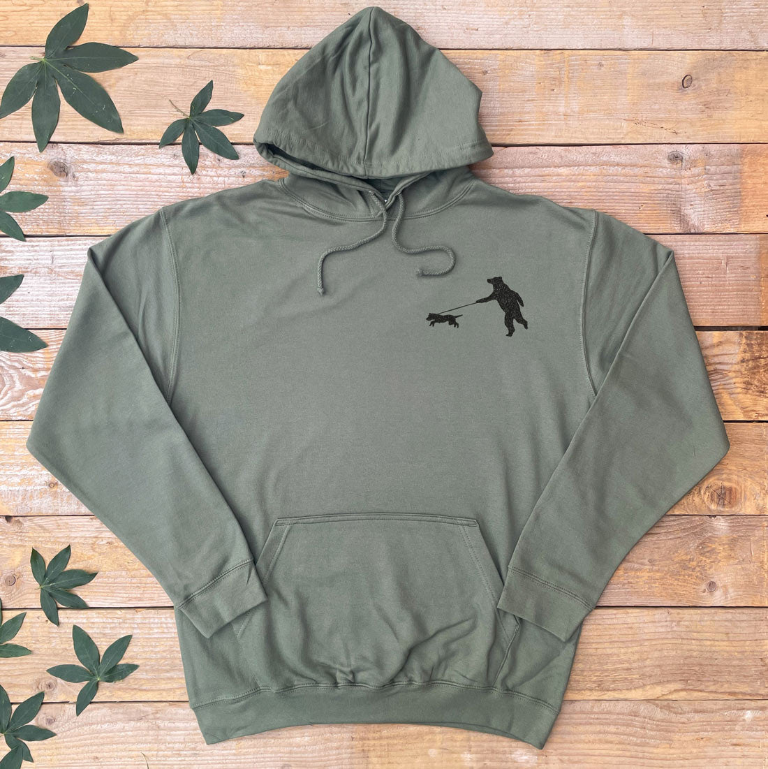 bear walking a dog hoodie khaki