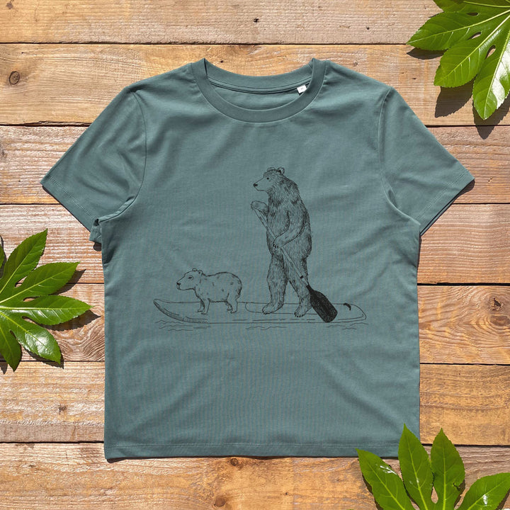paddleboard and bear tshirt
