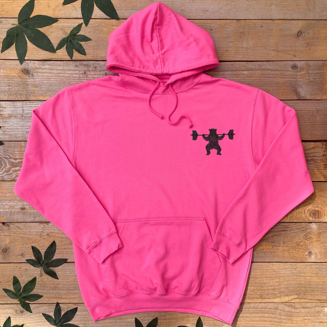 bear lifting weights pink hoodie