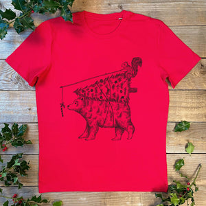 red tee with bear carrying xmas tree
