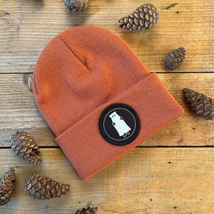 brown beanie with ghost bear patch