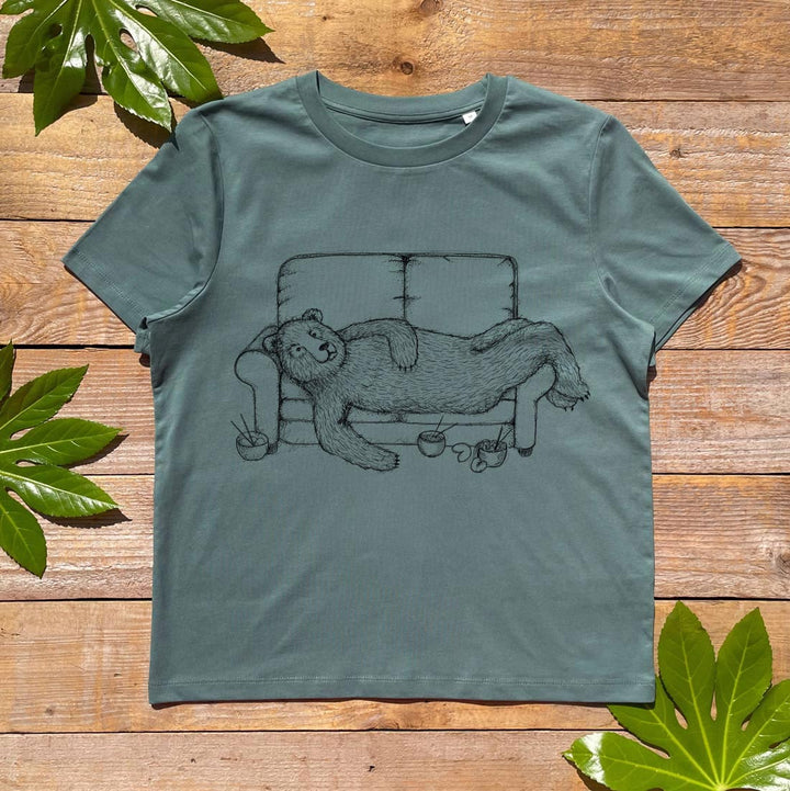 tshirt with bear laying on a sofa 