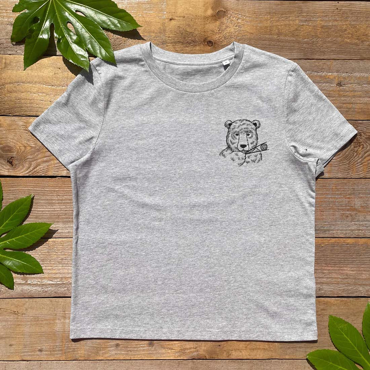 womens grey tshirt with small bear and sushi design