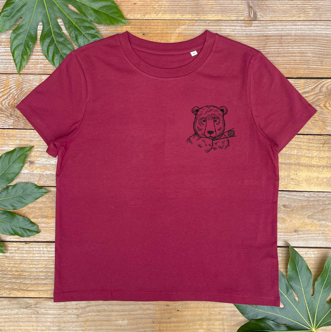 womens burgundy tee with bear and sushi design
