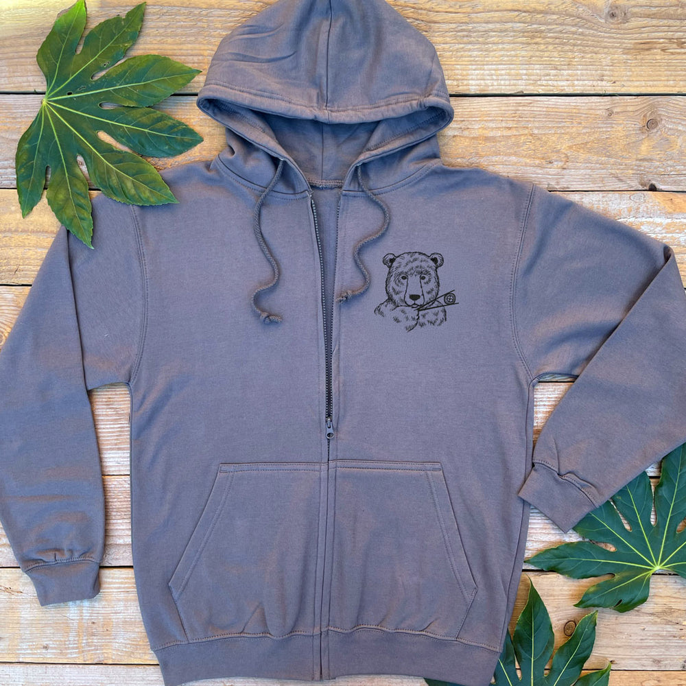 dark grey hoodie with bear eating sushi design