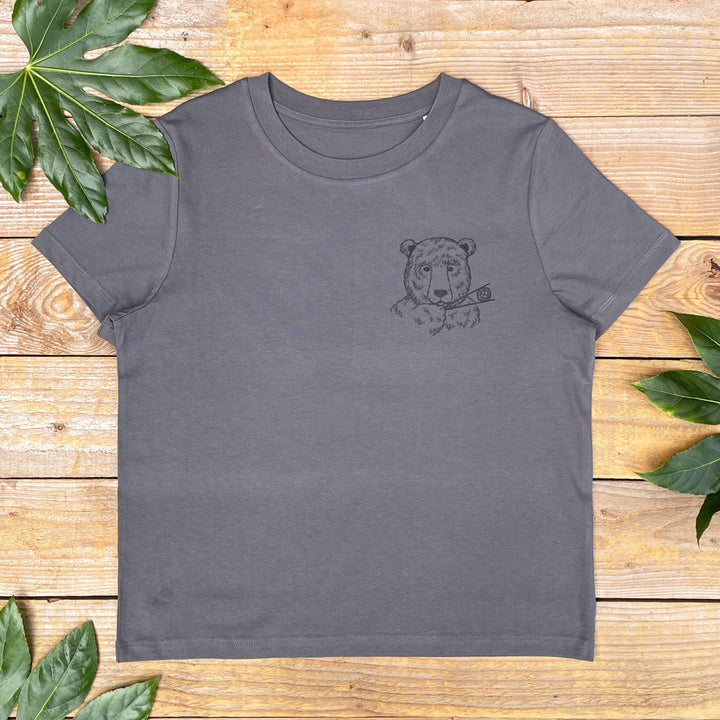 womens dark grey tee with bear eating sushi print