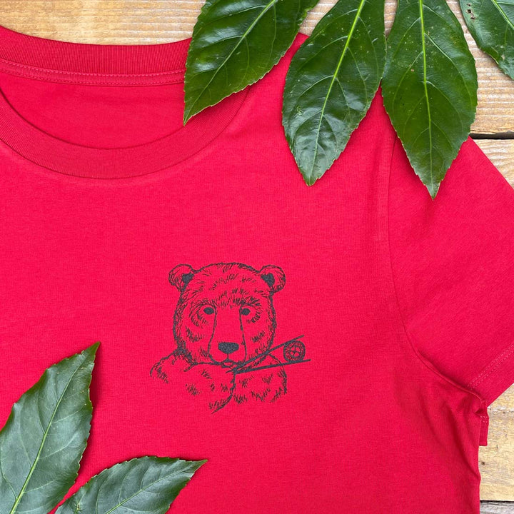 womens red tee with bear and sushi print