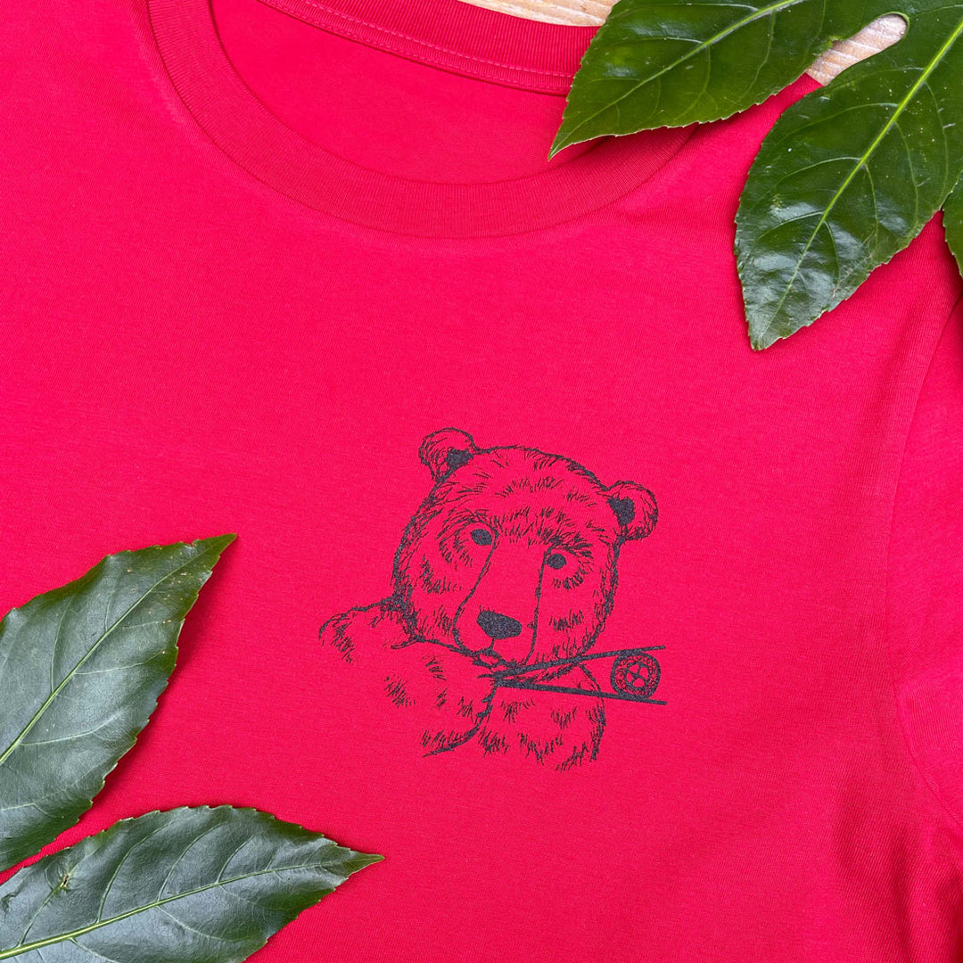 mens red tshirt with a pocket print of a bear eating sushi 