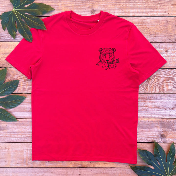 mens red tshirt with a design of a bear eating sushi