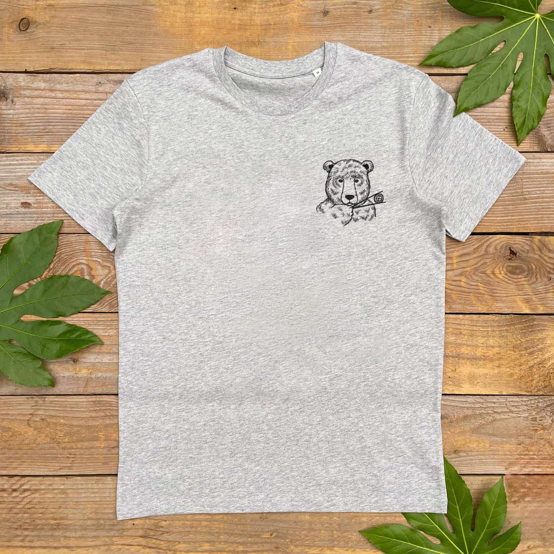 mens grey tshirt with a small pocket print of  bear eating sushi